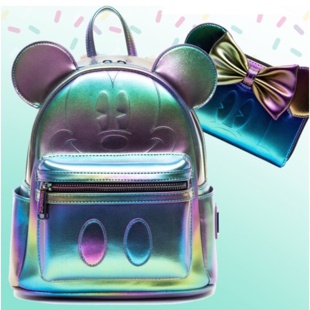 Loungefly x Disney Oil Slick Holographic Mickey & Minnie Mouse Backpack & Wallet